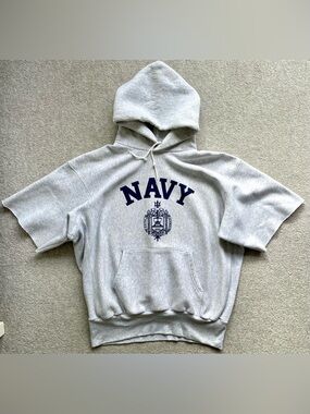 Vintage 1980s US Navy / US Naval Academy Hooded Short Sleeve Sweatshirt, Size XL